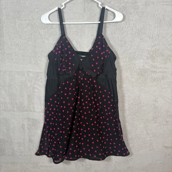 Torrid Black Mesh Flocked French Pink Hearts Babydoll Lingerie Chemise Size 2 2X - Picture 5 of 9